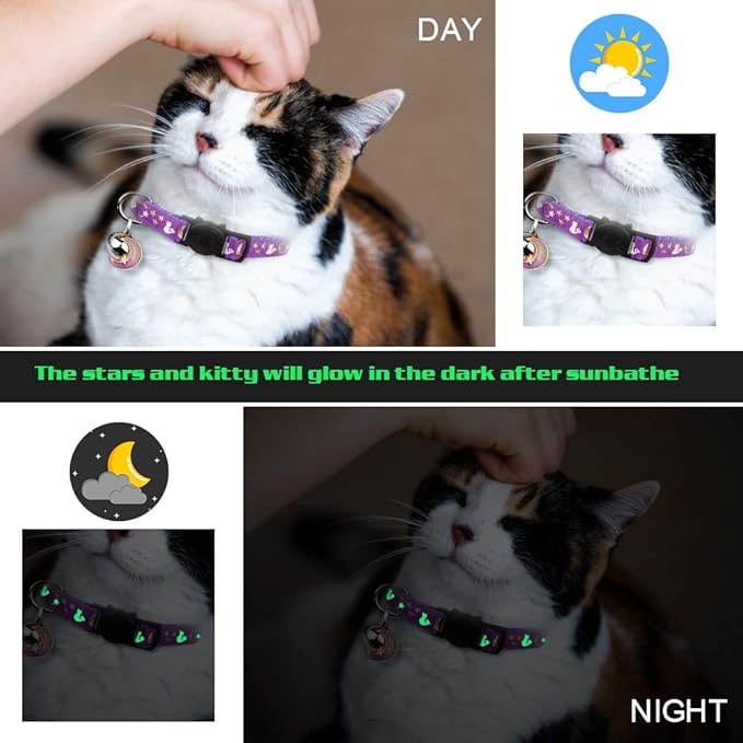 2PCS Breakaway Cat Collars with Bell Cute Kitty Glow in The Dark Adjustable Kitten Collars 7.9-13.0 Inch(Deep Green&Black)