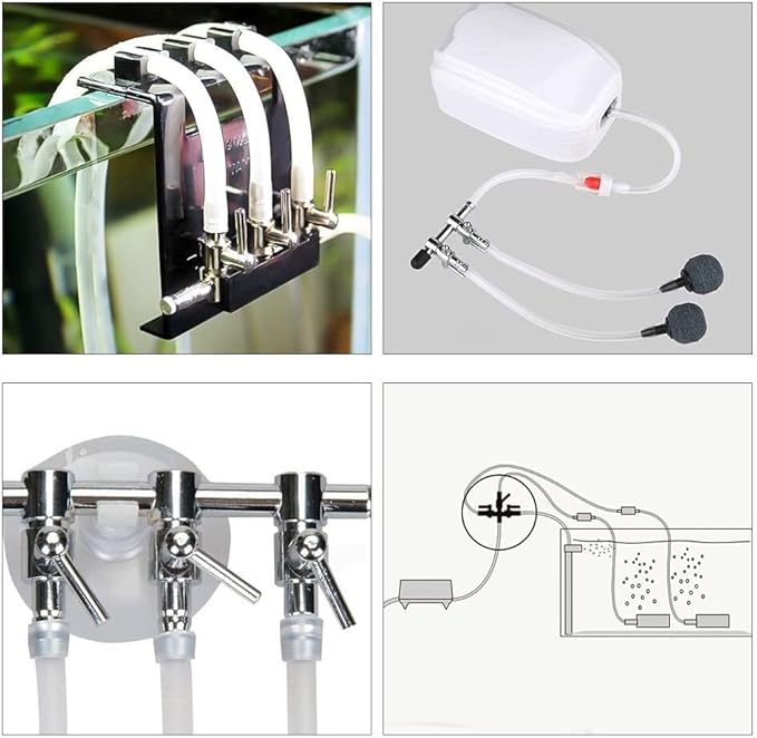 Aquarium Air Pump Splitter 7 in 1 Set 2-Way Air Flow Control Lever Valve & 2 Non-Return Check Valves & 4 Suction Cups for Fish Tank Airline Air Tube Hose