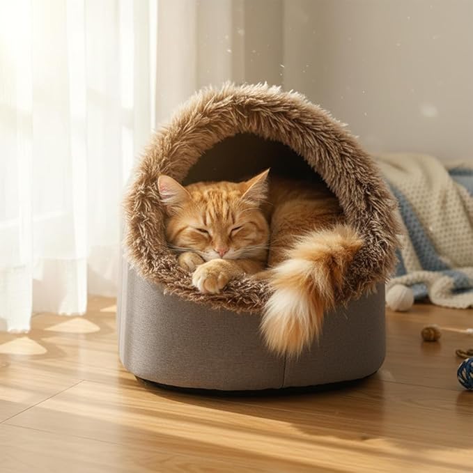 Winter Warm Pet Cave Bed, 2026 New Soft Plush Cozy Indoor Nest for Cats and Small Dogs, Removable Cushion Warming Pets Cozy Enclosed Cat House with Non-Slip Bottom for Winter (Brown, Large)