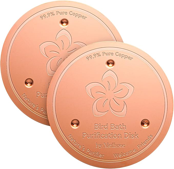 Mellbree 2-Pack Bird Bath Copper Disk, 0.6mm Reinforced 99.99% Pure Copper Cleaning Disk with Triple-Point Support for Physical Safe Clean Water, Universal Fit for Outdoor Birdbaths, Bowl (Flower)