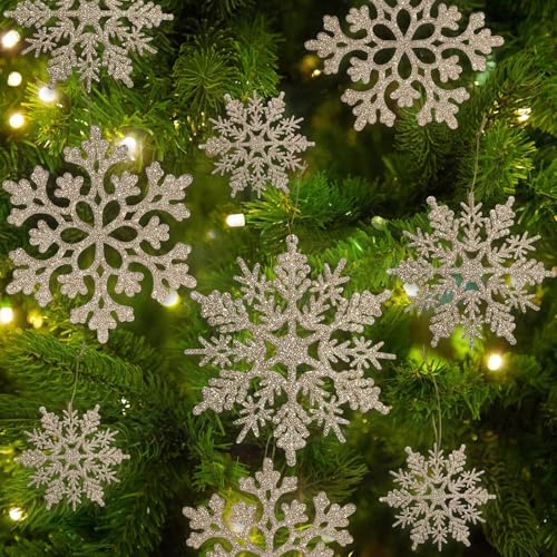 60pcs Christmas Champagne Gold Snowflake Ornaments Plastic Glitter Snow Flakes Ornaments for Winter Christmas Tree Decorations Size Varies Craft Snowflakes (60 Count)