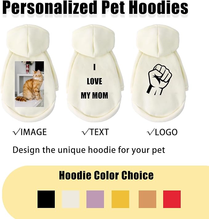 Custom Dog Hoodie, Personalized Sweatshirt with Photo Text Name Logo, Customized Hooded Sweater for Small Medium Large Dogs & Cats (Beige, Medium)