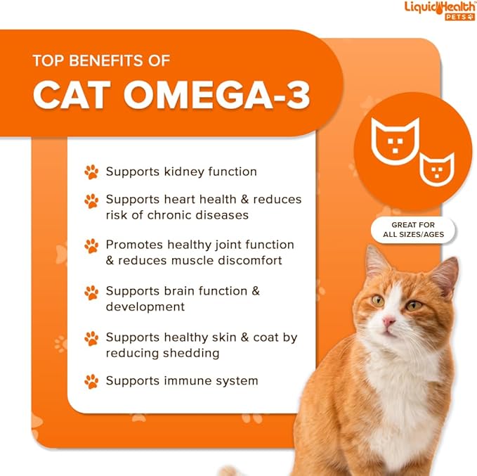 Liquid Health Pets Wild Caught Omega 3 Fish Oil for Cats - Liquid Omega 3 Supplement for Cats with EPA+DPA+DHA - Reduce Itching, Support Joint, Immunity, Brain, Heart Health - Made in The USA (8 oz)