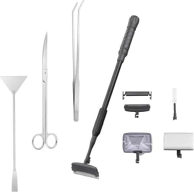 Carefree Fish 7IN1 Aquarium Cleaning Tools Long Handle Adjustable Length 18~24Inch Fish Tank Cleaner Kit Algae Scraper Scrubber Brushes Set Plant Scissor Long Tweezer