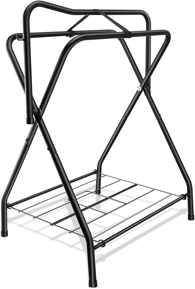 Folding Saddle Rack Heavy Duty Freestanding Horse Saddle Stand Detachable Saddle Rack Stand with Bottom Storage for English & Western Saddles