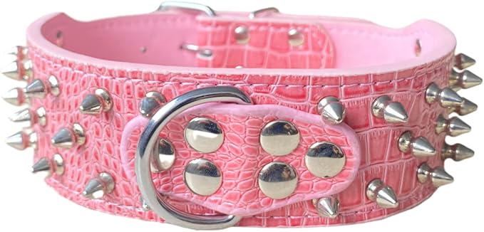 Serijoars Spiked Studded Dog Collar, PU Leather Dog Collar, Adjustable Pet Collars for Medium or Large Breed Pet (L, Pink1)