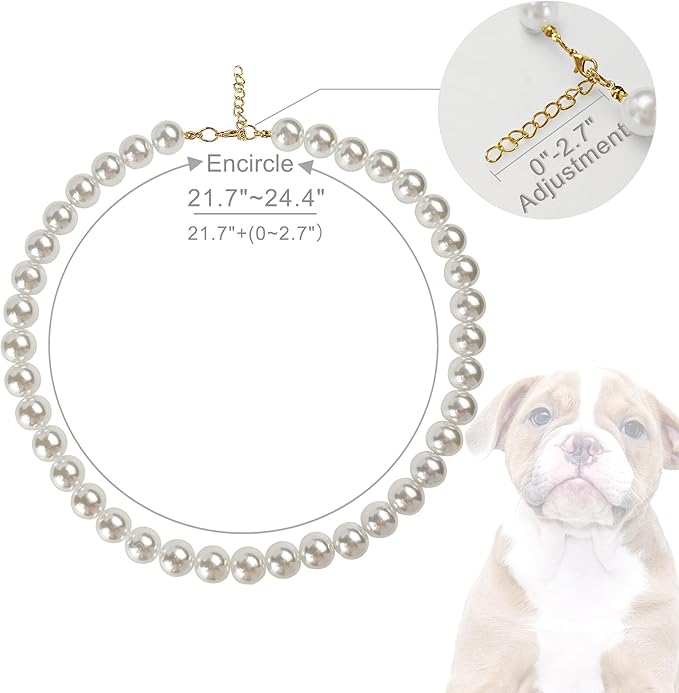 Chunky Pearl Dog Collar Large Breed (0.55 Inch), Adjustable Dog Necklace, Beaded Dog Collar Imitation White Pearls, Elegant Girl Dog Jewelry Accessories for Large Dogs