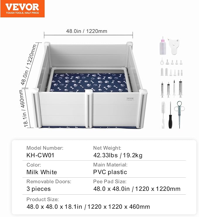 VEVOR Whelping Box for Dogs, 48 x 48 x 18.1in Whelping Pen for Puppies, Dog Birthing Box with Rails and Washable Pee Pad, Whelping Box for Large Breed Dogs, White