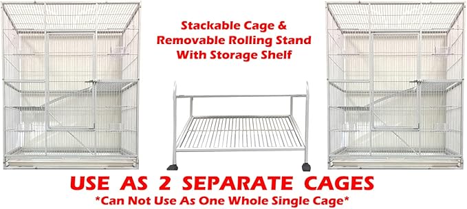 X-Large Double Durable Stackable Two Separate 3-Levels Bird Parrot Cages Side Breeding Nest Box Doors Easy Clean Pull Out Metal Grate and Tray with Detachable Stand on Wheels