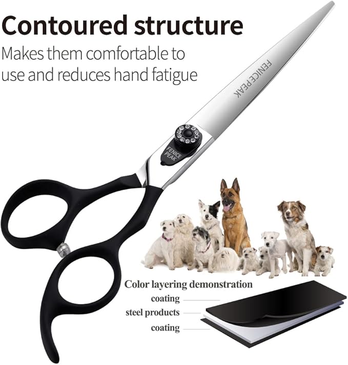Fenice Peak 8.0'' Professional Dog Grooming Scissors Set with Black Non-Slip Handle 440C Stainless Steel Straight Thinning Curved Chunker Shears 4pcs Set for Pet Grooming Services
