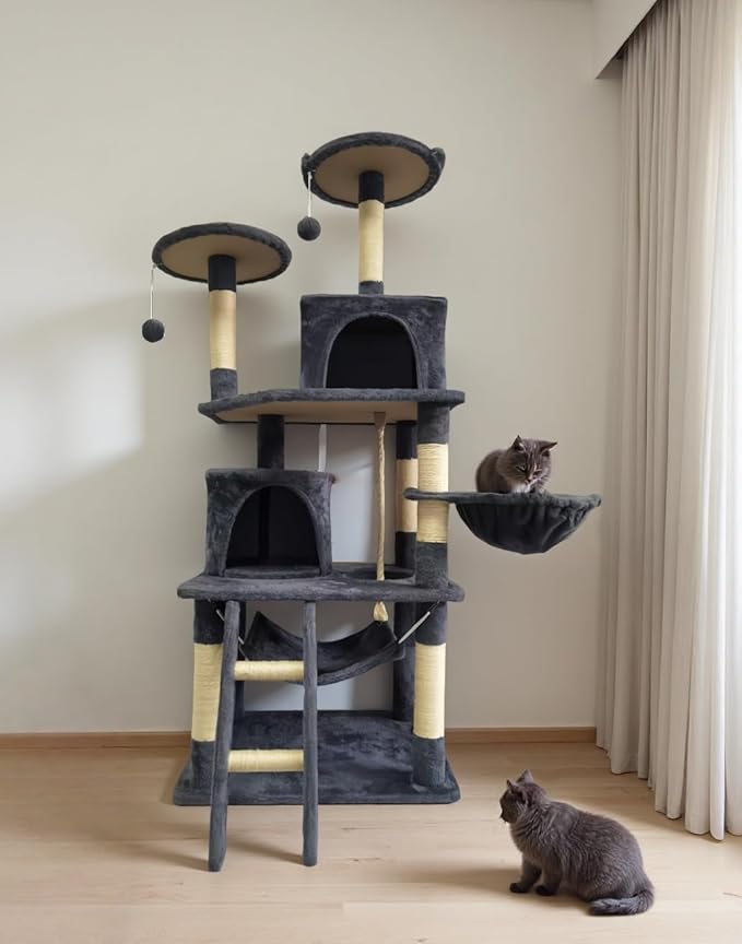 Cat Tree 60.63 inches Cat Tower for Indoor Cats, Multi-Level Cat Condo Furniture with Scratching Posts, Plush Perches, Activity Center with Cozy Basket & Hammock for Cats (Darkgray)