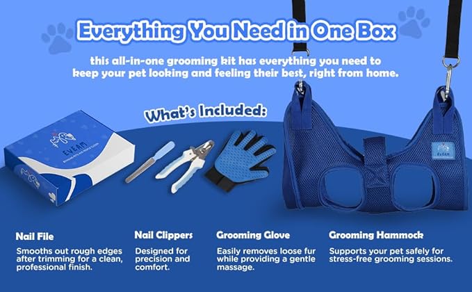 Pet Grooming Hammock for Cats & Small Dogs – Nail Clipping Kit with Sling, Clippers, File, Glove, Straps & Carabiners – Ideal for Trimming & Ear Cleaning – [S/XS] (Black, Extra-Small)
