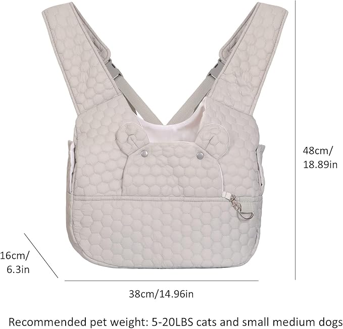 Dog Backpack Carrier for Dogs, Adjustable Strap Cat Carrier Sling, Hands-Free Front Facing Pets Sling Chest, Fit 5-15 Lbs Pets Carrier Backpack for Camping Hiking Traveling Cycling(Light Gray)