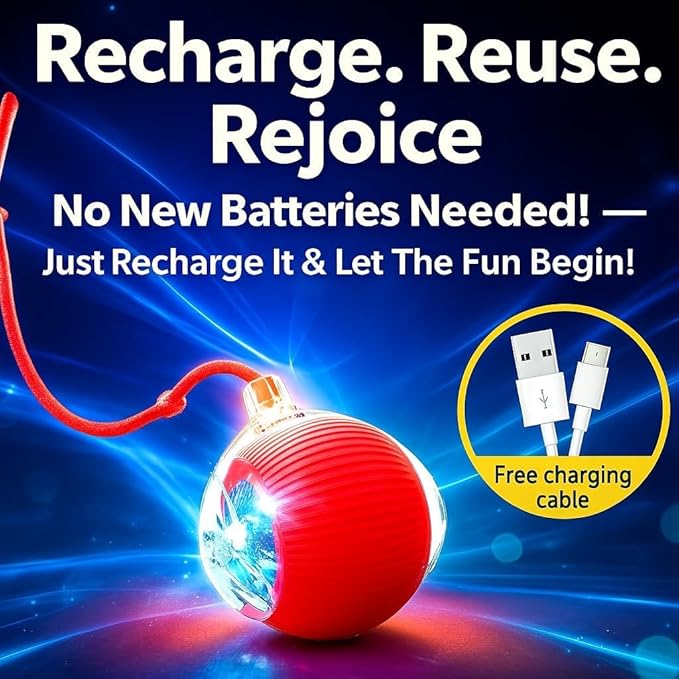 Interactive Electric Automatic Rolling Moving USB Rechargeable Self Activated Play Stimulation Toy Smart Chase Teaser Ball with Speedy Tail Rope for Bored Adult Indoor Cats and Dogs, Red Color