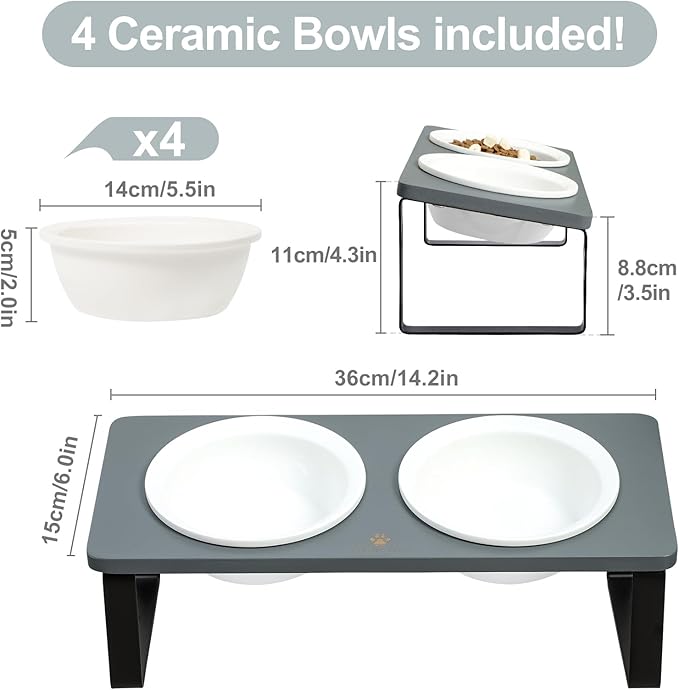 Sunhoo Elevated Cat Bowls for Indoor Cats Ceramic Kitty Dish Food Water Raised Tilted Puppy Feeding Sation with 4 Dishes Wooden Stand Pet Feeder Metal Legs Orthopedic ReducesVomiting（Grey）