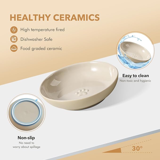 Raised Ceramic Wide Whisker Friendly Cat Dishes, Anti-Slip Food& Water Bowl with 2 Style Stand Adjustable Pet Bowl Set(2Dish+Stand, Vintage Latte)