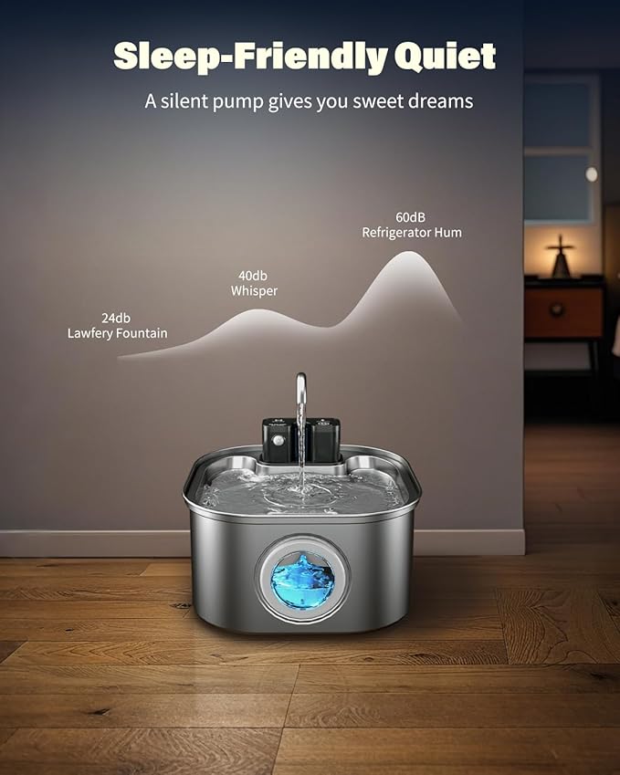 Wireless Cat Water Fountain Stainless Steel 3.2L/108oz, Battery Operated Pet Fountain with 3 Modes, Cordless Pet Water Dispenser for Cats and Dogs
