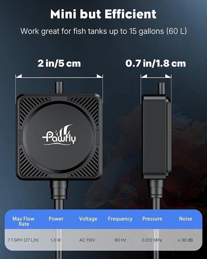 Pawfly Mini Aquarium Air Pump, Ultra Quiet Oxygen Aerator Kit for 1-15 Gallon Fish Tanks with Air Tubing, Air Stone, Check Valve & Suction Cups
