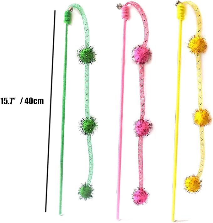IUHKBH Cat Wands, 3 PCS Mesh Tube Teaser Toys with Fur Ball Cute Aesthetic Kitten Wand Interactive Cat Toy for All Breed Sizes