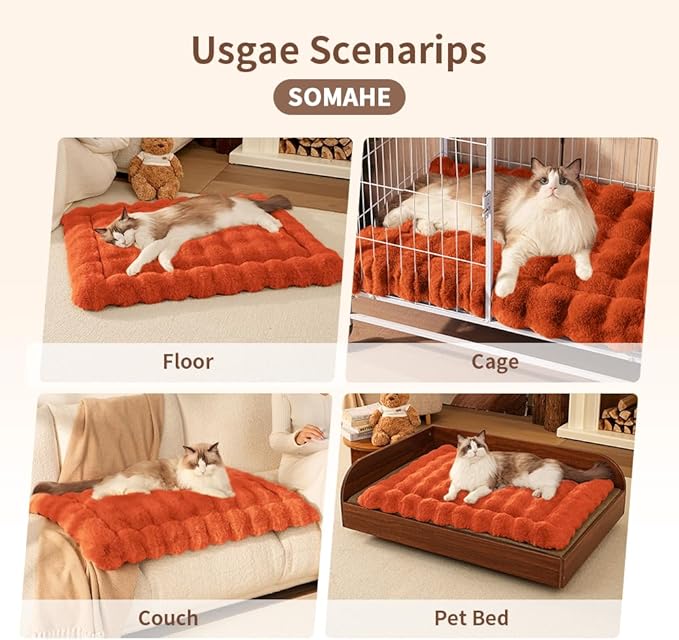 Self-Warming Cat Bed, Plush Faux Fur Pet Bed Mat with Anti-Slip Bottom, Ultra Soft Heated Bed for Cats & Medium Dogs, Cozy Fluffy Pad for Couch & Crate, Machine Washable, 27x20 Inch Orange