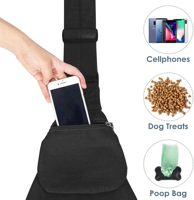 Lukovee Pet Sling, Hand Free Dog Sling Carrier Adjustable Padded Strap Tote Bag Breathable Cotton Shoulder Bag Front Pocket Safety Belt Carrying Small Dog Cat Puppy Machine Washable (Black, S)