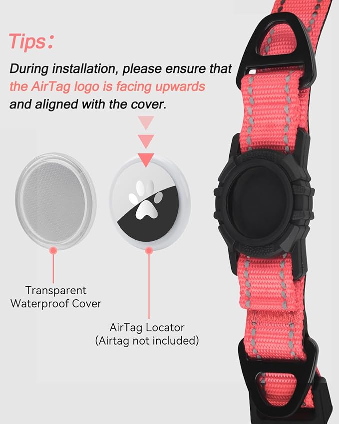 Joytale Airtag Dog Collar, Reflective Pet Collar with Waterproof AirTag Holder, Dual D-Rings, Soft Padded Adjustable for Extra Large Dogs, Neon Pink, XL