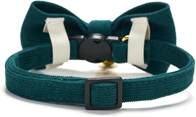 Cotton Breakaway Kitten Collar with Bow Tie and Bell Adjustable Cute Soft Corduroy Cat Collars for Small Cats(Dark Green,XS)