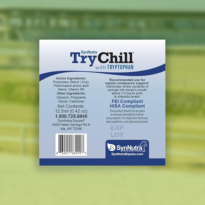 TryChill™ 12 Pack – L-Tryptophan-Based Support for Horses – Promotes a Composed Demeanor Without Sedation – Enhances Focus, Confidence & Performance – 100% Natural & Competition Safe
