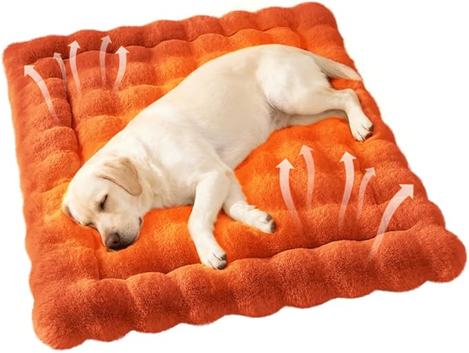 Self-Warming Dog Bed, Plush Faux Fur Mat with Anti-Slip Bottom, Ultra Soft Heated Pet Bed for Medium Large Dogs, Cozy Fluffy Pad for Carriers Couch Crate, Machine Washable, 35 x 27 Inch Orange