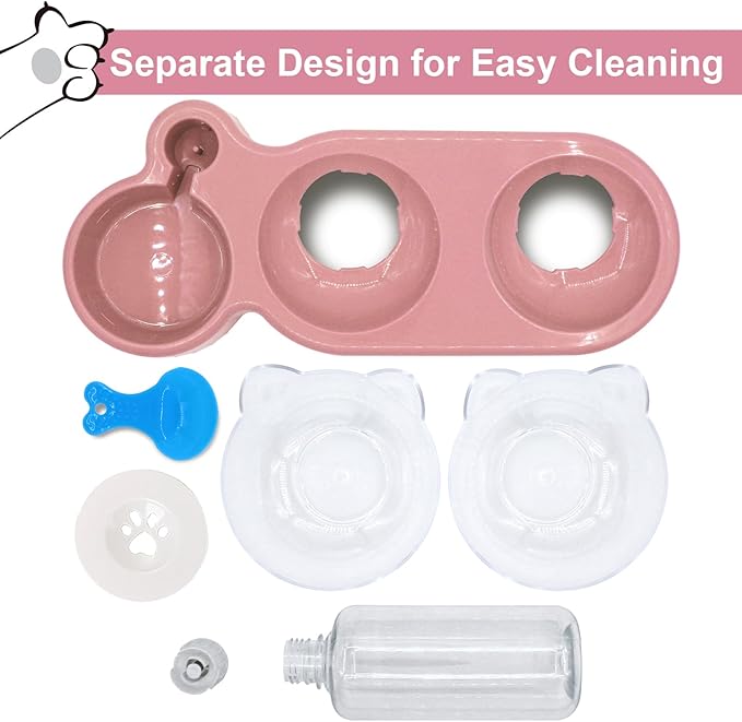 Triple Cat Bowls with Water Dispenser, Pet Water and Food Bowl Set with Non-Slip Mat and Scoop, 15° Tilted Double Dog Cat Bowls, Wet and Dry Food Bowl Set for Cats & Small Dogs (Pink)