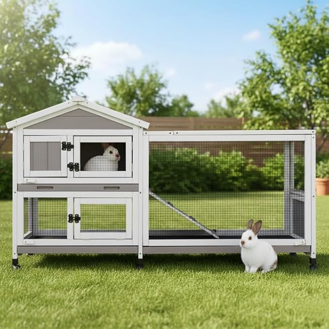 60” Large Rabbit Hutch Outdoor with 6 Wheels, Wooden Expandable 2 Story Indoor Rabbit Cage Bunny House with Run, Waterproof Roof, 3 Pull Out Trays, Guinea Pig Cage for Small to Medium Pets