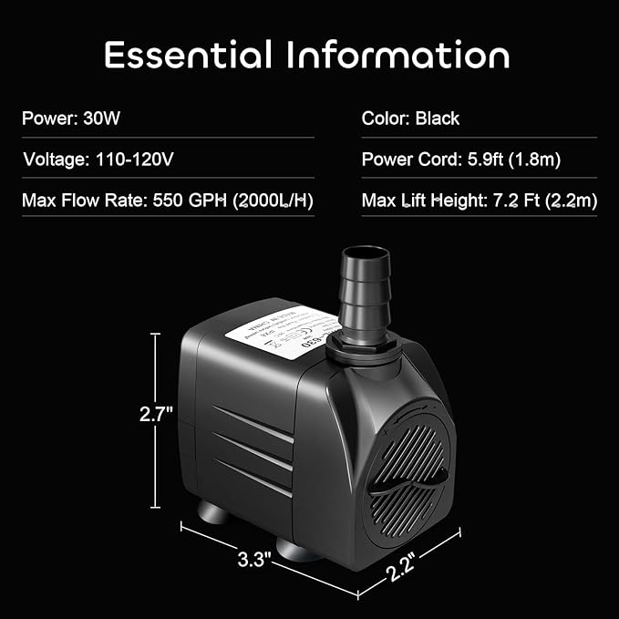 GROWNEER 550GPH Submersible Pump 30W Fountain Water Pump, 2000L/H, with 7.2ft High Lift, 3 Nozzles for Aquarium, Fish Tank, Pond, Hydroponics, Statuary (Pack of 2)