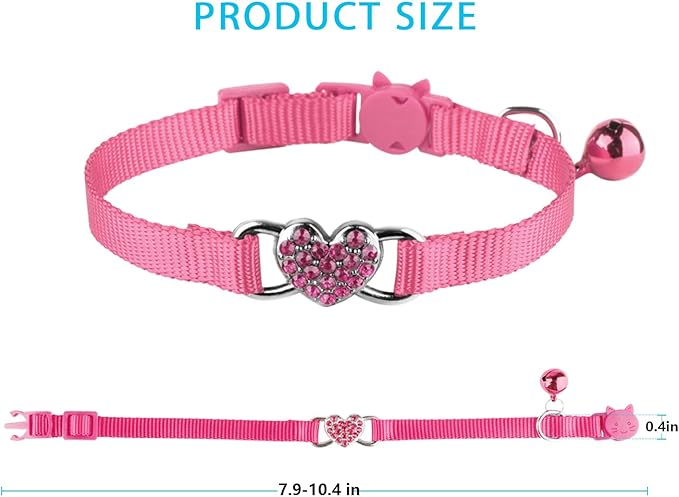 2 Pcs Cat Collars Heart Bling Breakaway with Bell Nylon Adjustable for Kitty (Pink+Purple)