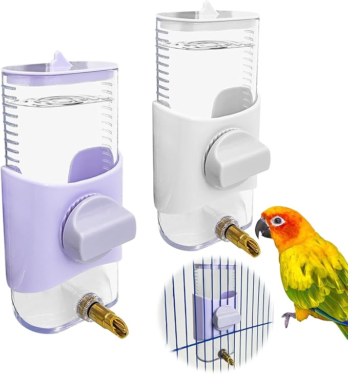 PINVNBY 2 PCS Automatic Bird Water Dispenser 9.47 Fl Oz Parakeet Water Dispenser for Cage Suspended Water Feeder Bird Cage Accessories for Budgie Lovebird Cockatiel Finch (White + Purple)
