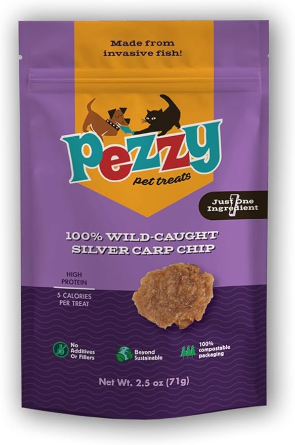 Silver Carp Chips Dog & Cat Treats | Single Ingredient | Wild Caught | Made w/Invasive Fish | Grain Free | High Protein + Low Fat | Hypoallergenic | Compostable Packaging | Made in The USA