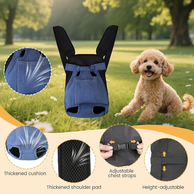 Inspack Dog Backpack Carrier/Cat Carrier, Adjustable Pet Front Carriers Travel Bag for Puppy Medium Dogs, Legs Out, Soft Ventilated Dog Chest Carry Backpacks for Hiking/Camping, 4-7 lbs, Indigo Denim