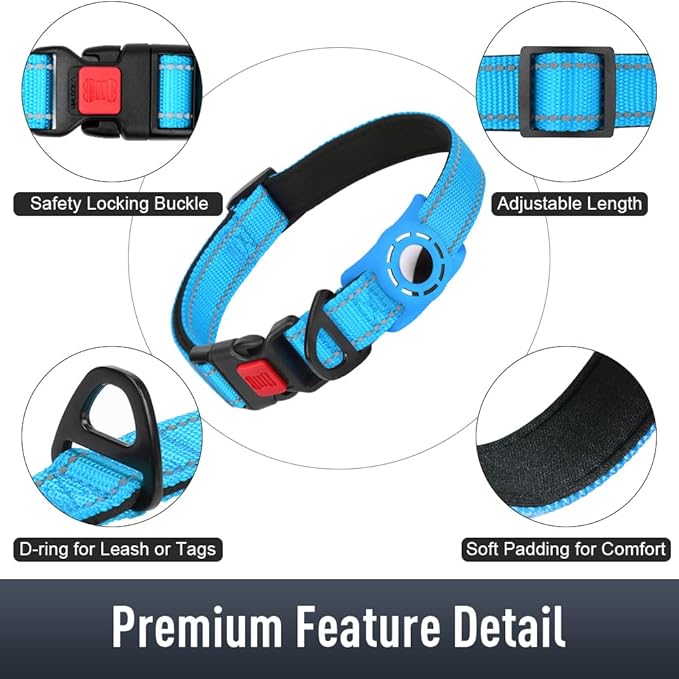 Airtag Dog Collar with AirTag Holder for Large Dogs, Reflective, Soft Padded & Safety Locking Buckle, Nylon Pet Collars Adjustable for All Breeds, SkyBlue,XL