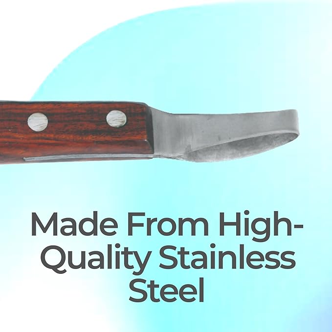7 Inch Swiss Hoof Knife Double Edged – Stainless Steel Curved Blade Farrier Tool with Round Wooden Grip, Multipurpose Hoof Trimming Knife for Livestock.