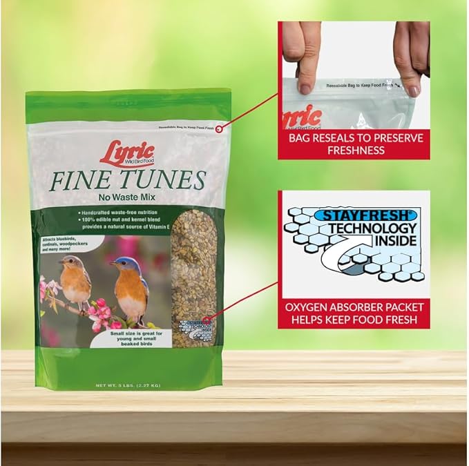 Lyric Fine Tunes Wild Bird Seed, No Waste Bird Food Mix, 5 lb. Bag. See the attached screenshot and the variated size for a consistent and positive customer experience.