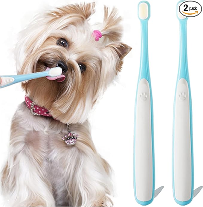 Small Dog Toothbrush, Cat & Puppy Tooth Brushing Kit, Ultra Soft & Mini Head Teeth Brush for Kitten & Tiny Pet, Doggy Toothbrushes Deep Dental Cleaning, 2 PCS - Blue