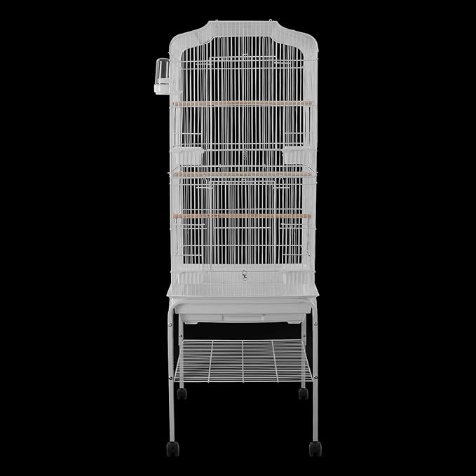 Freestanding Bird Cage Large Bird Cage with 4 Feeding Bowls & Waterer & 4 Universal Wheels & 2*Brake & Storage Rack & Slide-Out Tray & Mesh Panel Budgie Aviary for Balconies, in Homes, Shop（White）