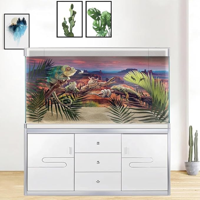 24X16IN Desert Loess Rock Cactus Oasis Reptile Habitat Background, Natural Sunset Desert Themed Terrarium Background, Aquarium Background with 10 EVA Double-Sided Tape