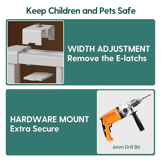 Babelio Baby Gate for Stairs & Doorways, 26-43" W 34" H Extra Tall| No Bottom Bar| Easy Installation| One-handed Operation| Auto-close| Hardware Mount (Drill Needed) Safety Dog/Pet Gate Indoor (White)