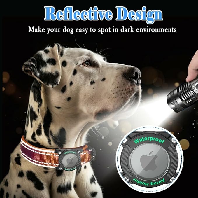 Upgraded AirTag Dog Collar, IP68 Waterproof Dog Collar with Apple Air Tag Holder, Reflective Adjustable Heavy Duty Dog Collars with Soft Padded for Small, Medium and Large Dogs,Orange, L