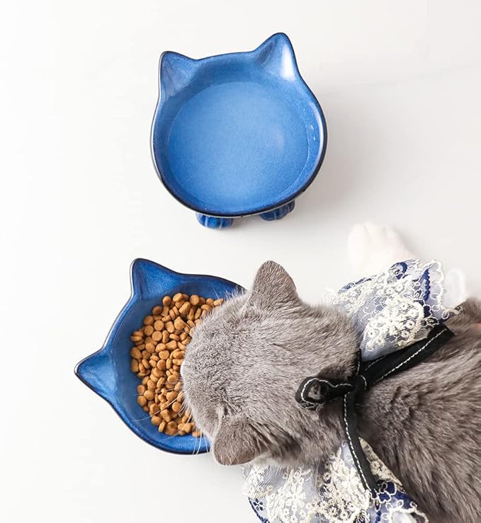 Nihow Ceramic Basic Cat Bowl: 5 Inch Cat Dish for Food & Water - Food Grade, Microwave & Dishwasher Safe - Elegant Blue & Black (4.25 OZ /1 PC)