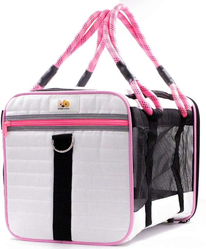 Buddy's Best Airline Approved Pet Carrier – White & Pink Heavy Duty, Fits Under Seat, TSA Compliant, Ventilated Mesh Design w/Waterproof Base & Reflective Safety Strips