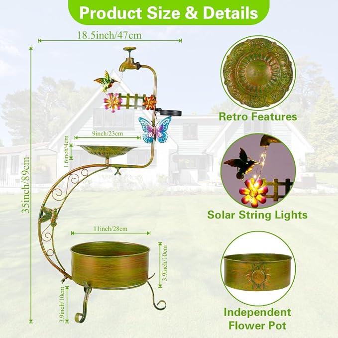 VEWOGARDEN Bird Bath for Outside, Solar Metal Outdoor Standing Birdbath with Flower Planter for Garden, Yard, Patio Decor, Green