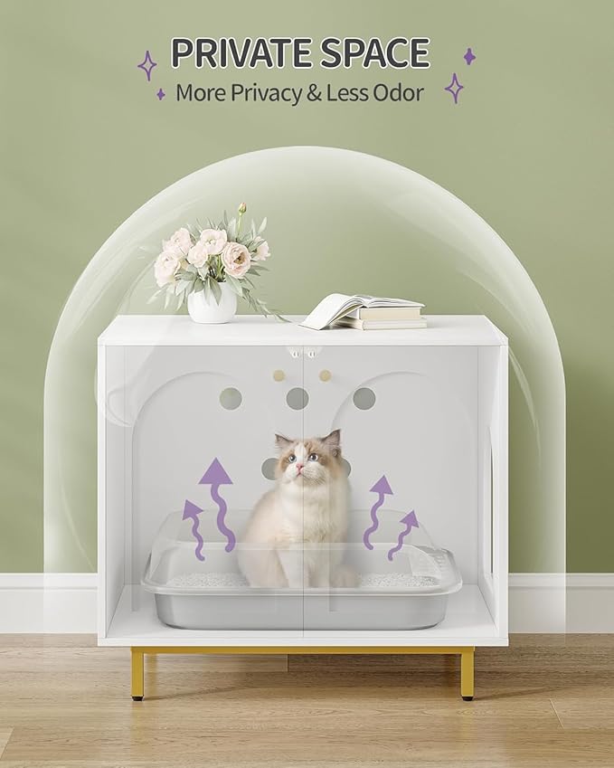 Cat Litter Box Enclosure, Hidden Litter Box Furniture Cabinet, Wooden Indoor Cat House, Side End Table, Living Room, Bedroom, White and Gold CB85003G