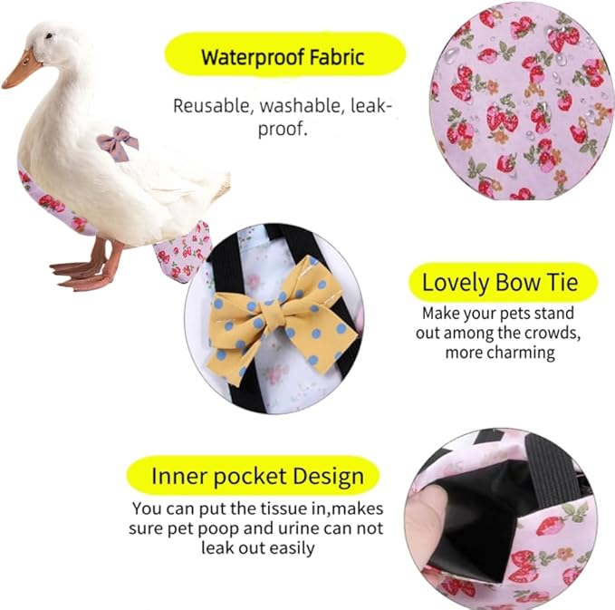 MANON ROSA Chicken Diapers Bantam Hens - Reusable 3-Piece Set with Bow Ties Poultry Nappies Washable Waterproof for Geese Pet Ducks Silkie (Floral L)