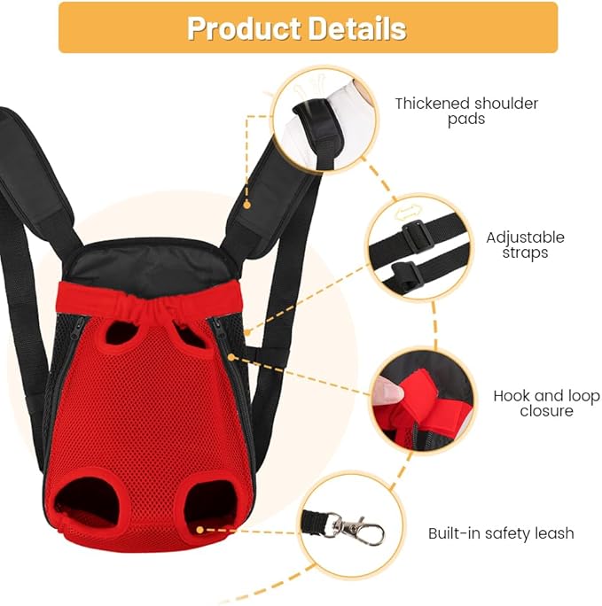 Inspack Dog Backpack Carrier/Cat Carrier, Adjustable Pet Front Carriers Travel Bag for Puppy Medium Dogs, Legs Out, Soft Ventilated Doggie Chest Carry Backpacks for Hiking/Camping, 7-11 lbs, Red